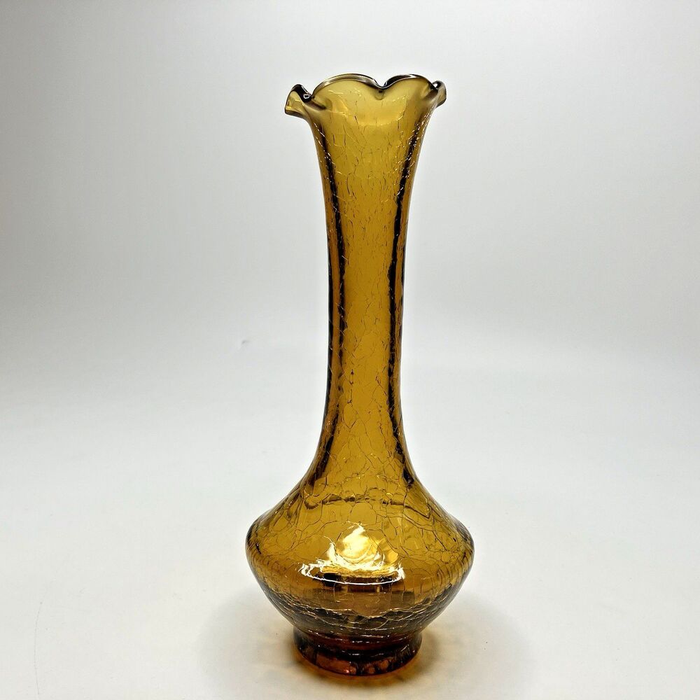 Vtg Amber Crackle Glass Bud Vase 8" Ruffled Rim Hand Blown Mid Century Modern